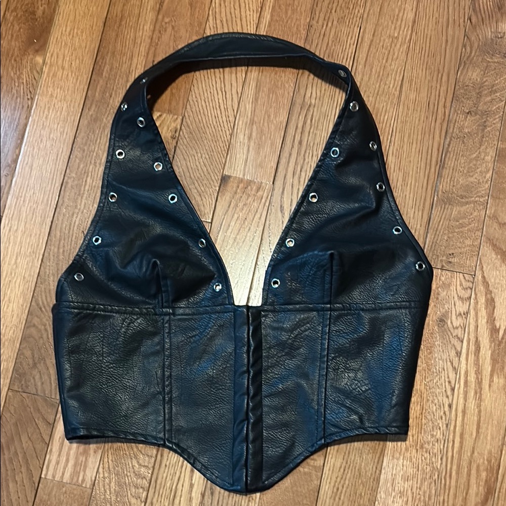 Black Leather Halter Top with Studs